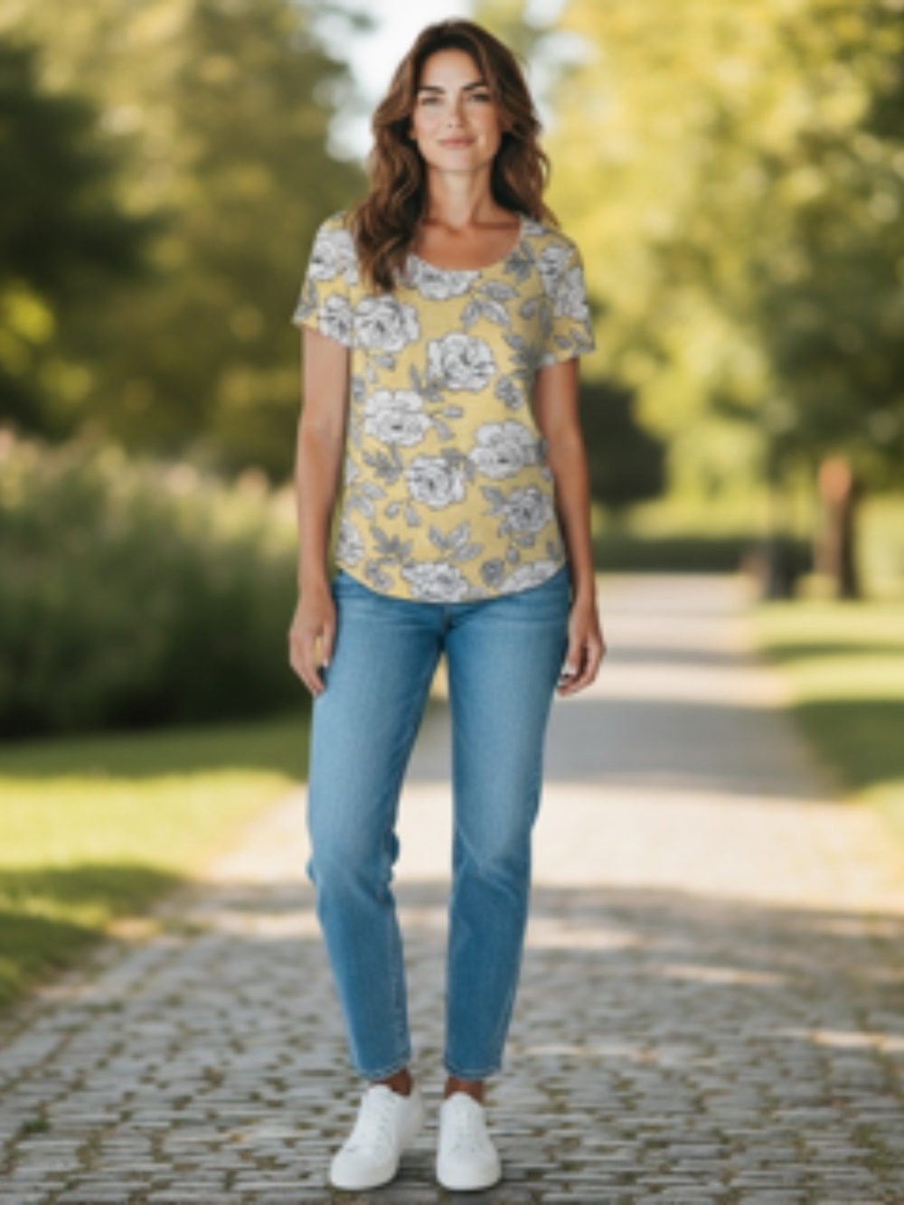 Karen Scott Floral Pattern Short Sleeve Scoop Piping Neckline Top Size L